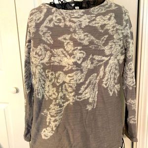 Taupe and cream embroidered jewel neck long sleeve sweater